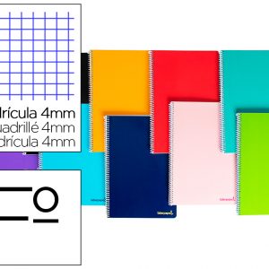 CUADERNO ESPIRAL LIDERPAPEL FOLIO SMART TAPA BLANDA 80H 60GR CUADRO 4 MM CON MARGEN COLORES SURTIDOS